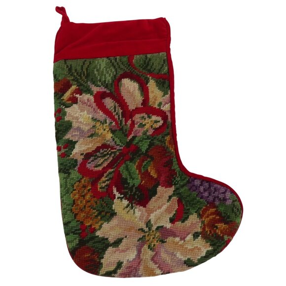 VTG Poinsettia Flower Bow Needlepoint Christmas Stocking Red Velvet Holiday Xmas